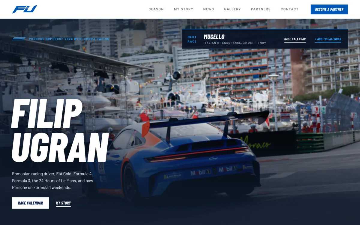 Homepage of filip-ugran.com, the website of racing driver Filip Ugran