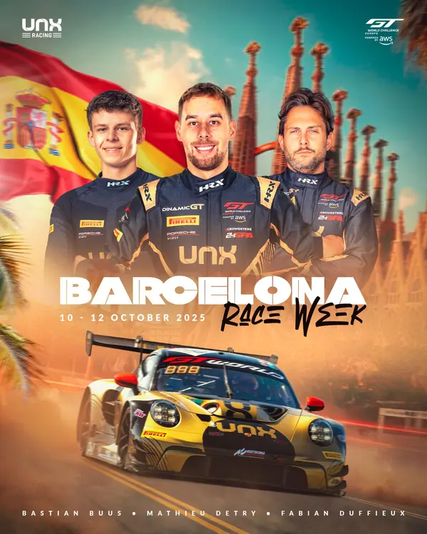 UNX Racing race week poster, GT World Challenge Europe Barcelona 2025, Porsche 911 GT3 R